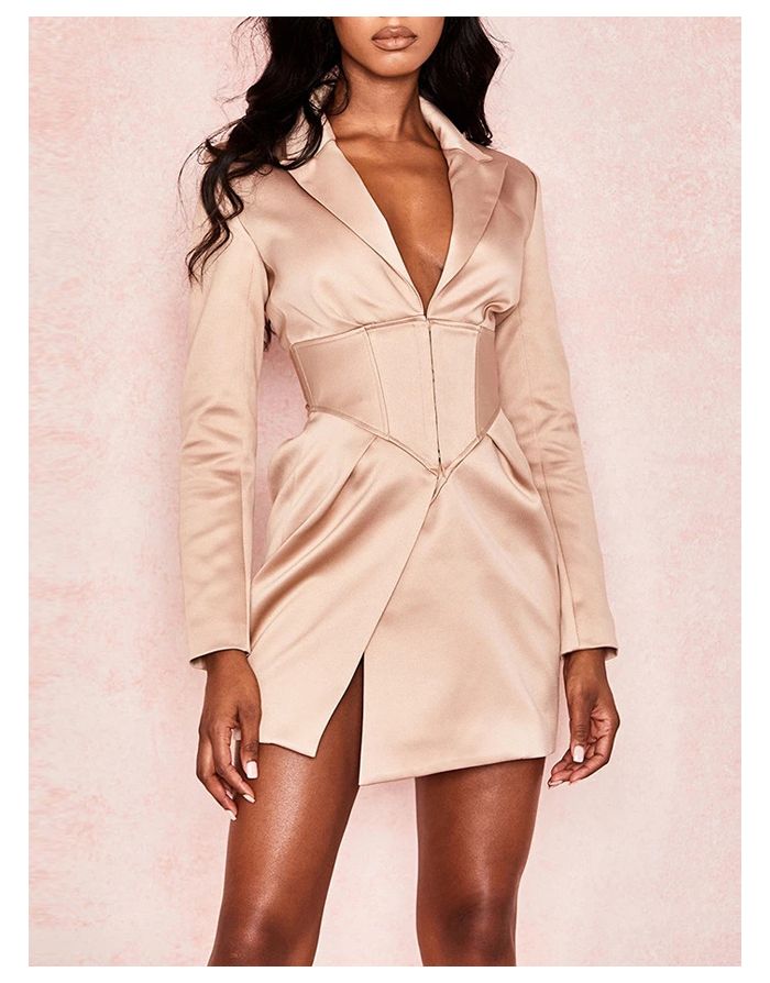 Women Long Sleeve Deep V-Neck Lapel Suit Coat Irregular Short Work Dress Party Evening Dresses
